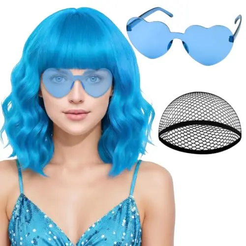 PLULON blue short wavy bob wig with heart sunglasses
