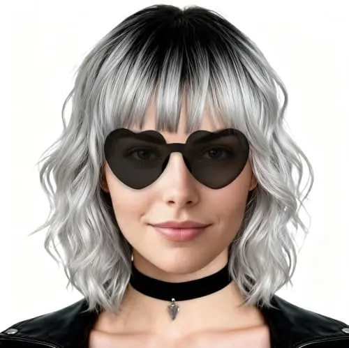 PLULON silver gray curly bob wig with heart sunglasses and wig cap