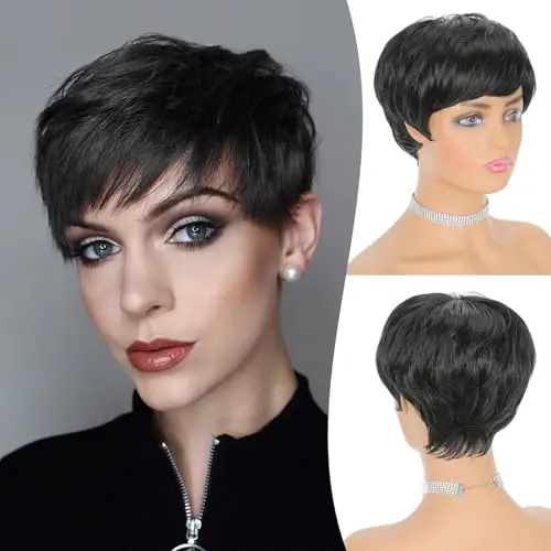 FESHFEN black pixie cut wig with wispy bangs front view