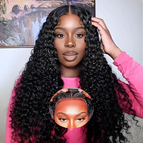 TOMAFUN 24 Inch 5x5 Deep Wave Glueless Human Hair Wig Natural Black