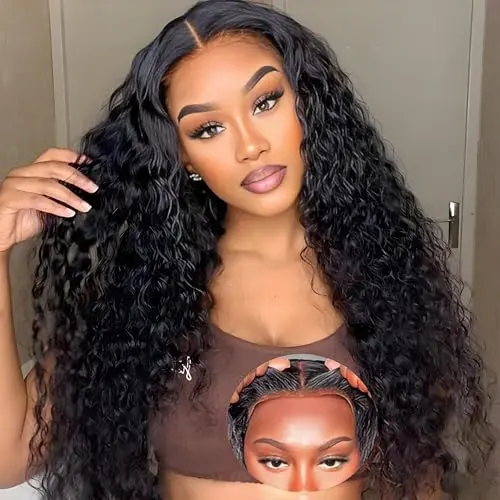 TOMAFUN Deep Wave 5x5 HD Lace Closure Wig in natural black