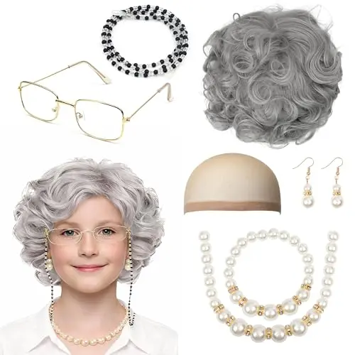 UQGVML 7-piece old lady costume set with grey wig, wig cap, glasses, chain, necklace, bracelet, and earrings