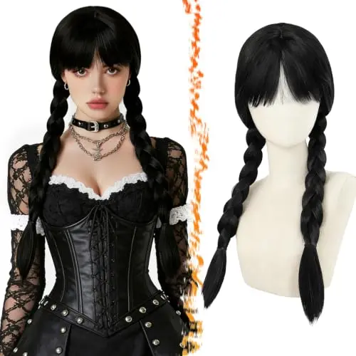 Long black braided wig with soft bangs and medium density on mannequin