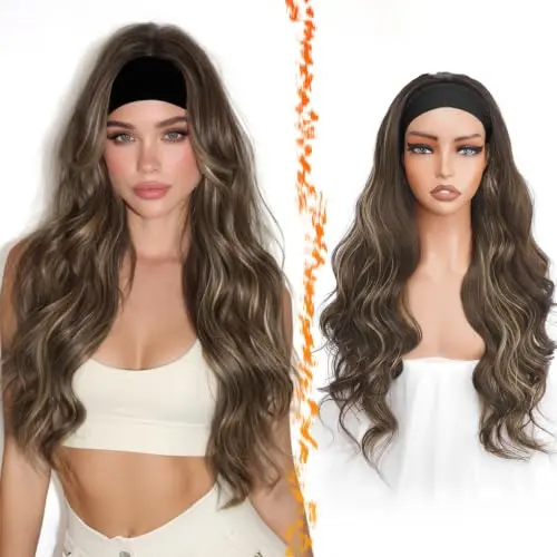 BARSDAR 26-inch balayage brown blonde highlight body wave headband wig