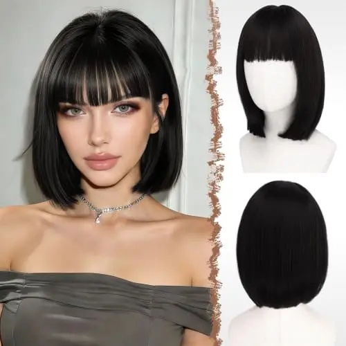 Black short bob wig with flat bangs from FESHFEN