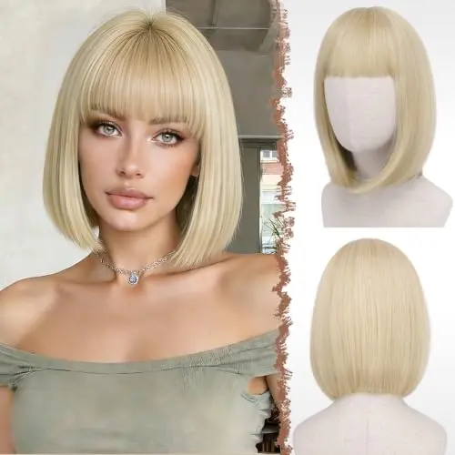 FESHFEN light blonde straight bob wig with flat bangs on a mannequin head