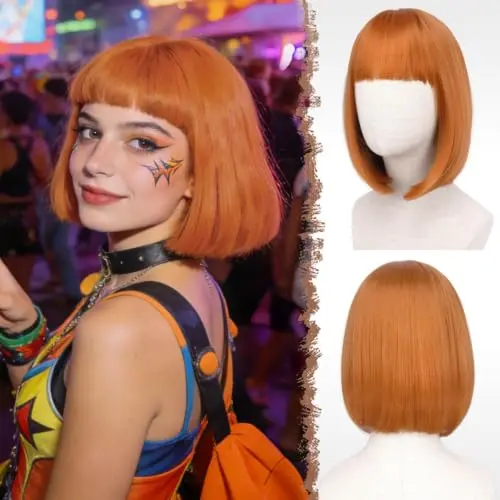Short auburn bob wig with flat bangs and vibrant colour