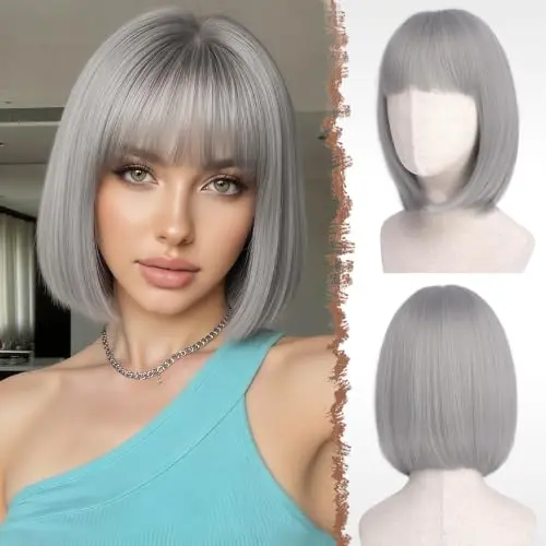 FESHFEN grey short bob wig with flat bangs
