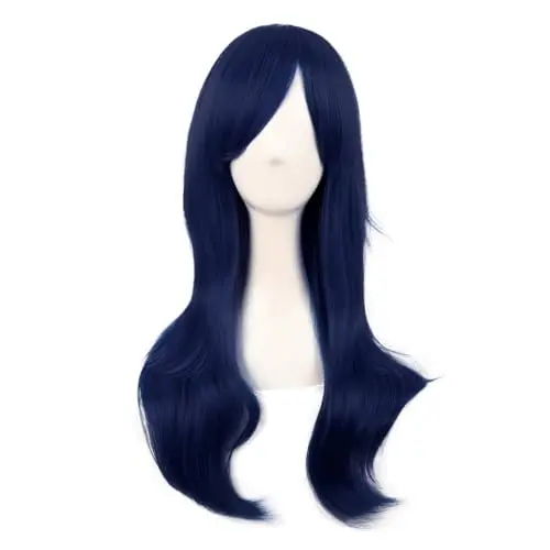 Long curly midnight blue wig with side bangs