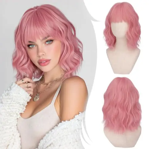 RUWISS shoulder-length wavy bob pink wig with bangs