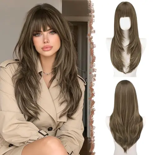 FESHFEN brown mix blonde straight sleek layered wig with bangs