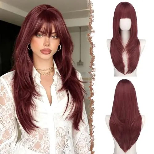 Burgundy 24-inch straight layered wig with bangs, showing soft face-framing layers