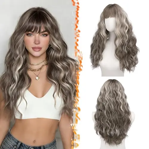 Model wearing a long wavy ash brown highlight wig with soft bangs