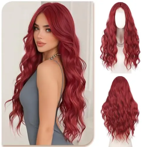 Sofeiyan long wavy burgundy red lace front wig with middle part