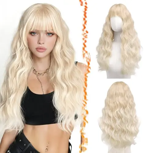 BARSDAR 26-inch natural blonde wavy wig with bangs