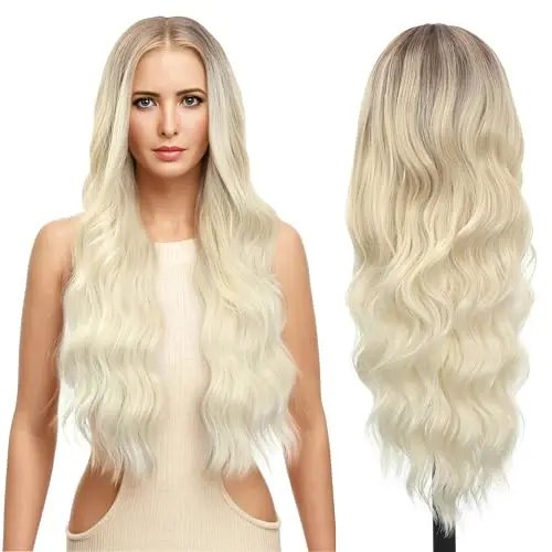 FUTAI 30 Inch Long Wavy Ombre Platinum Blonde Lace Front Wig