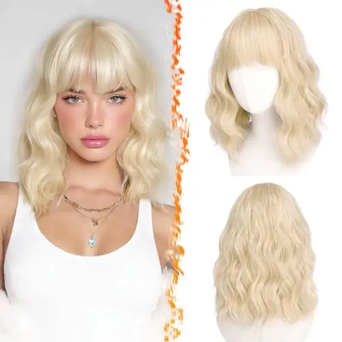 BARSDAR light blonde 14-inch thick wavy wig with bangs