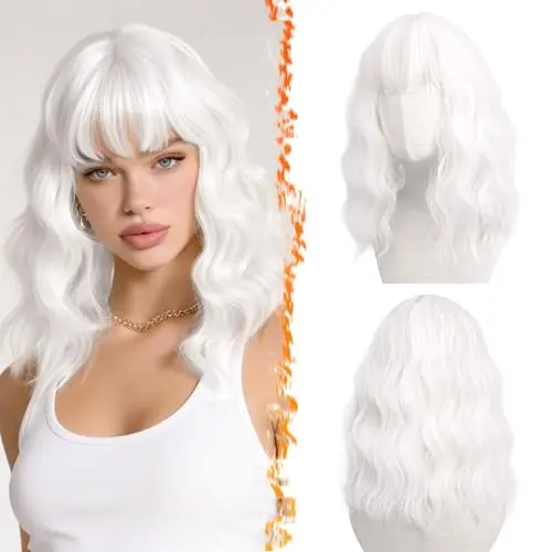 Barsdar short white wavy wig with bangs for women