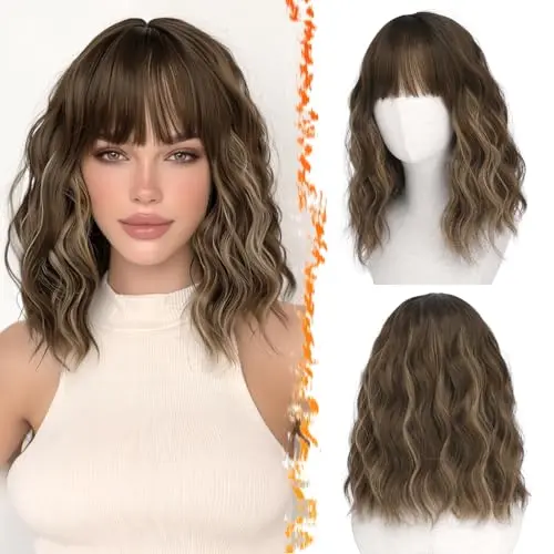 BARSDAR brown highlight short wavy bob wig with bangs and adjustable straps
