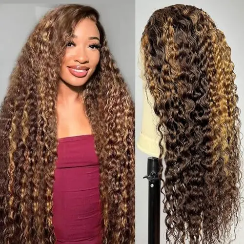 26-inch deep wave lace front wig with highlighted colour and curls