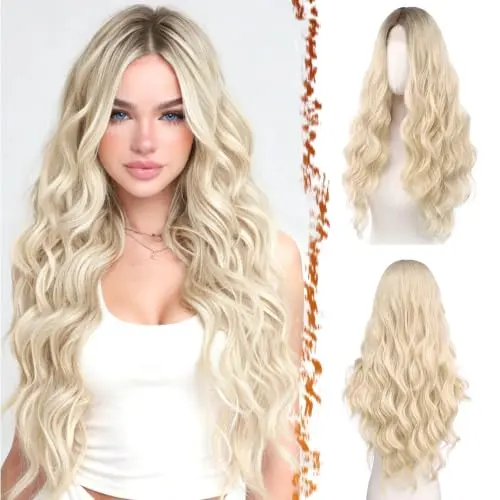 BARSDAR 26 Inch Voluminous Wavy Blonde Ombre Wig