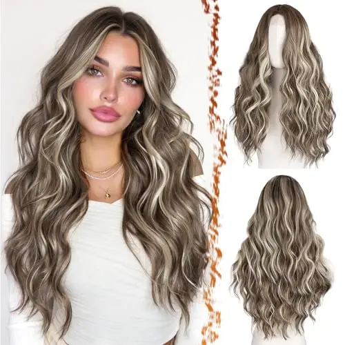BARSDAR 26 inch ash brown blonde wavy lace front wig