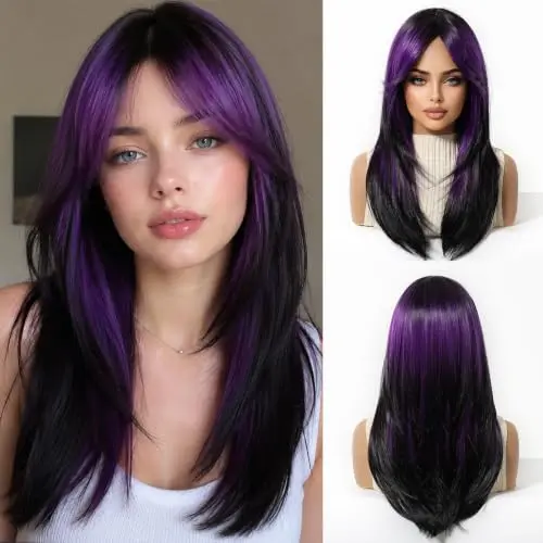 Long straight black ombre purple synthetic wig with clip attachment