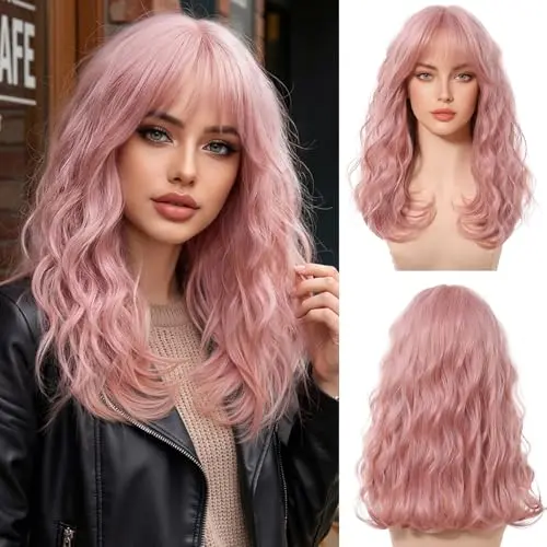 OUFEI long wool curls pink wig with bangs