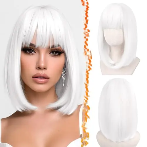 BARSDAR short white bob wig with bangs