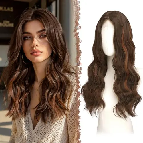 FESHFEN 24 inch lace front wavy synthetic wig in brown mixed auburn