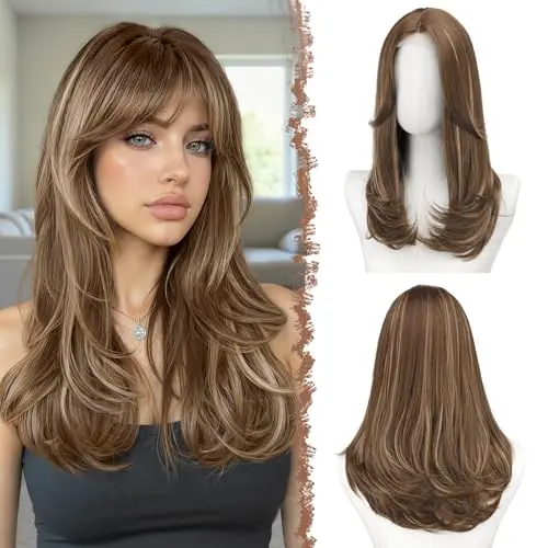 FESHFEN brown mixed blonde lace front synthetic wig with bangs