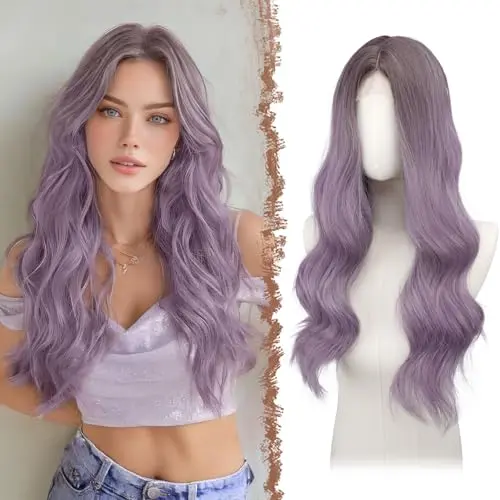 FESHFEN Purple Long Wigs for Women 24 Inch Lace Front Wavy Ombre Purple