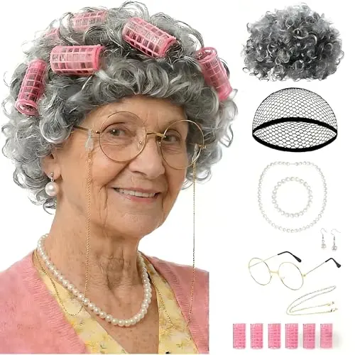Tovims grey curly old lady wig set with rollers, glasses, and pearl accessories
