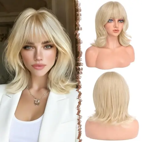 FESHFEN 14-inch wavy shoulder length bleach blonde bob wig with curtain bangs