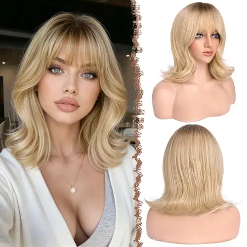 FESHFEN shoulder length bob wig with bangs in ombre blonde layered wavy style