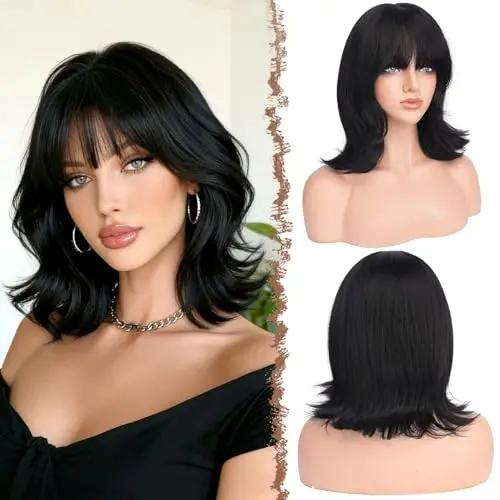 FESHFEN 14-inch black wavy bob wig with bangs on mannequin