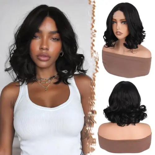 Sidaila natural black curly bob wig with middle part