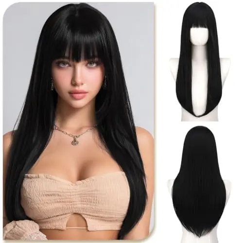 Sofeiyan Long Straight Black Wig with Bangs 22 Inch Natural Black