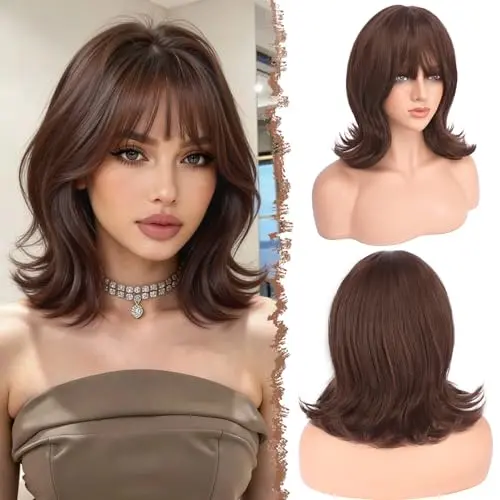 FESHFEN shoulder length reddish brown layered wavy wig with curtain bangs