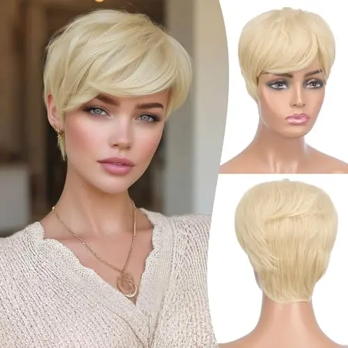 FESHFEN light blonde pixie cut wig with wispy bangs