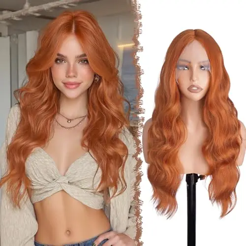 FESHFEN long wavy curly lace front wig in auburn 28 inch