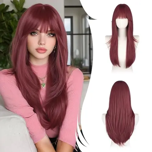 RUWISS long straight wig with bangs 26 inches naturally layered wine red