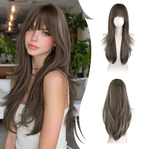 RUWISS long straight brown wig with highlights and bangs