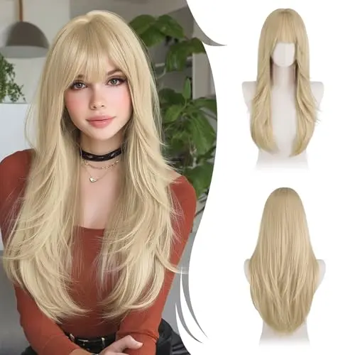 RUWISS 25 inch blonde straight wig with bangs