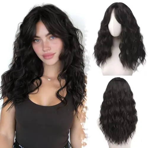 BARSDAR 20-inch fluffy dark brown curly wavy wig with curtain bangs