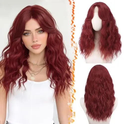 BARSDAR burgundy red fluffy curly wig with curtain bangs