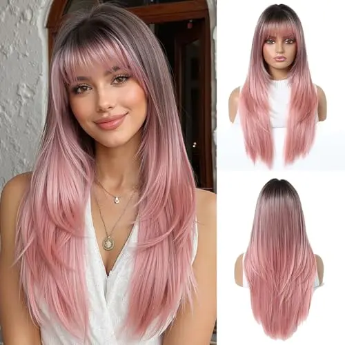 Pink 24-inch layered straight synthetic wig with natural part, displayed on a stand