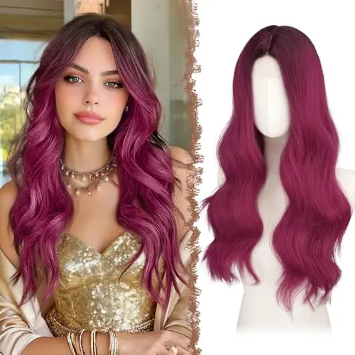 Feshfen 24 inch black to burgundy wavy synthetic lace front wig