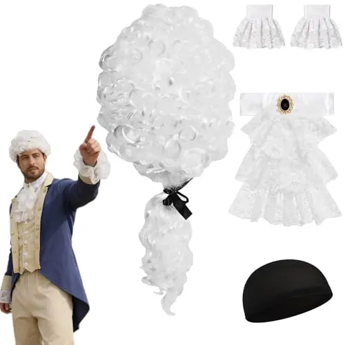 Silver colonial wig set with lace tie and cuffs