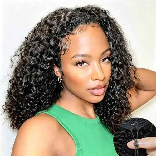 Youngirl half wig human hair deep wave 16 inch curly natural black